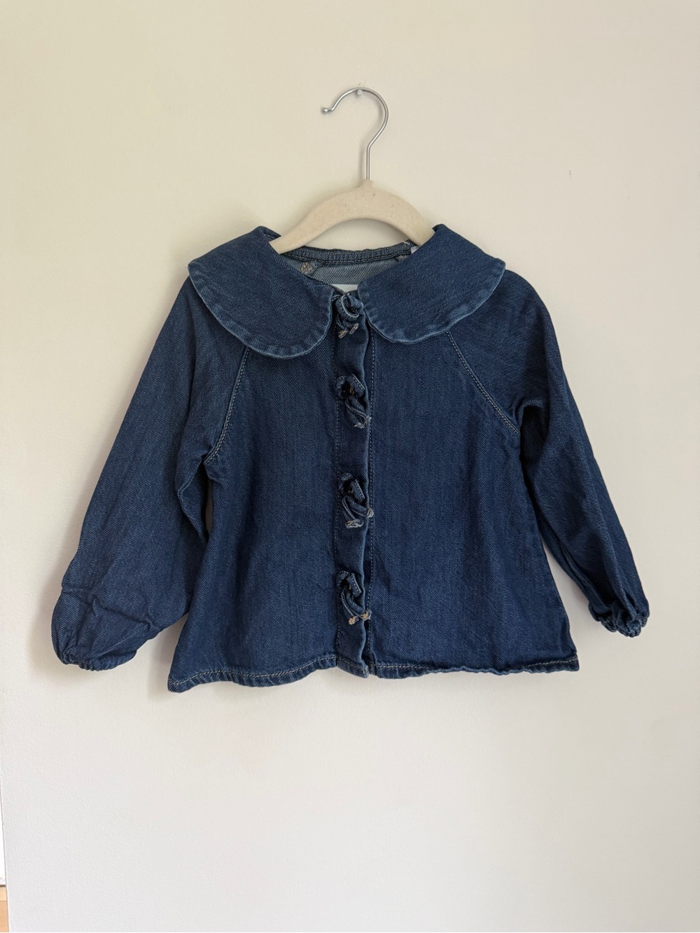 Zara Denim Hidden Snap-Button Shirt with Peter Pan Collar (Size 3)